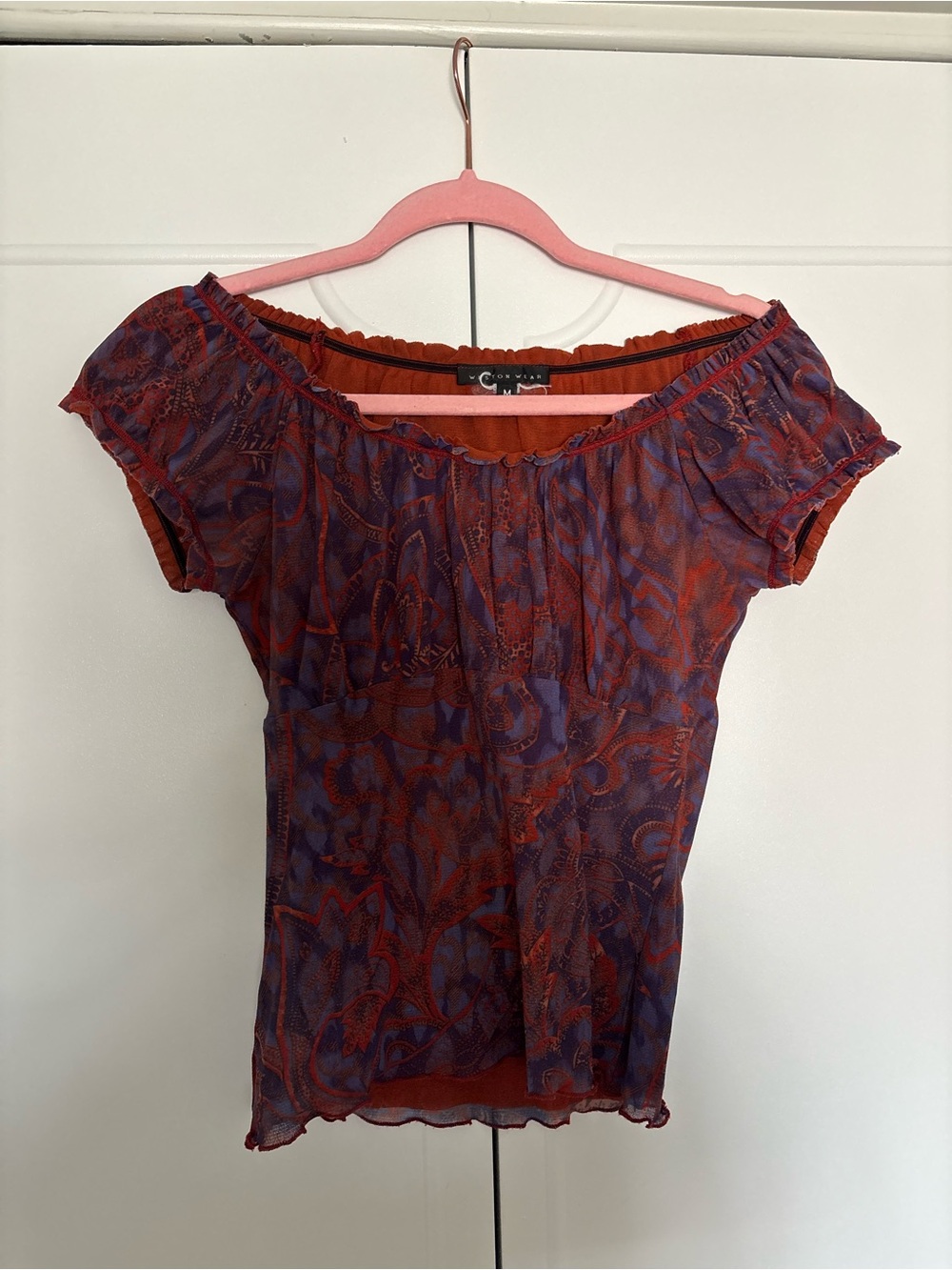 Weston Wear Off-Shoulder Babydoll Sheer Blouse in Red and Purple